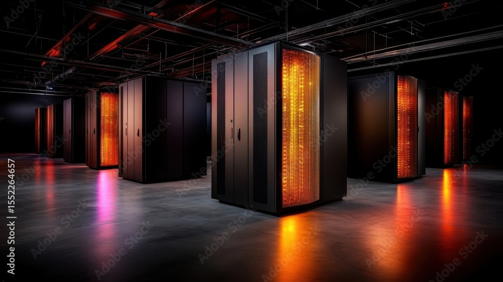 Poster a high-tech data center featuring rows of illuminated server racks, representing the backbone of mod