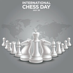 international chess day 20 july 2024 chess piecess with chess board  strategic, decision, leader, win, tower, object, isolated, design, checkmate, leadership, wooden, graphic, classic, check, chessboa