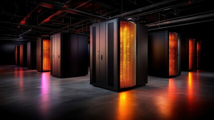 A high-tech data center featuring rows of illuminated server racks, representing the backbone of modern technology and interconnectedness in today's digital age.