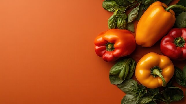 An artistic arrangement of colorful bell peppers and fresh basil leaves against a vibrant orange backdrop, highlighting the freshness and vibrancy of the culinary world.