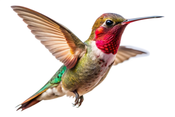 Anna's Hummingbird with iridescent red gorget and green body in flight isolated on a transparent background