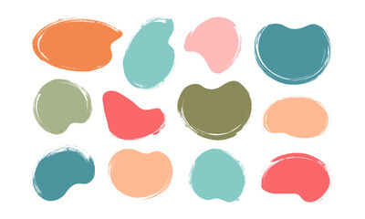 Brush paint organic shape, round crayon stain hand draw, doodle sketch blob chalk texture, color grunge irregular form, rough charcoal spot, scribble text box isolated on white bg. Vector illustration