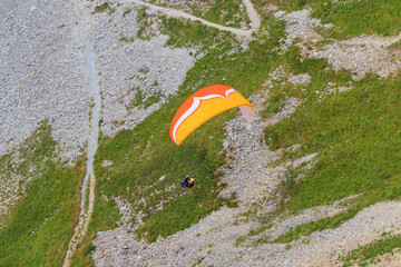 Paragliders flying from Pilatus mountain in Swiss Alps, Switzerland. Concept of active lifestyle...