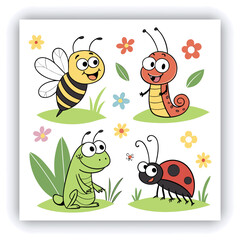 Set of insect illustrations, butterfly, caterpillar, cricket, ant, rhinoceros beetle, stag beetle, ladybug, cockchafer, realistic in 3d style.	