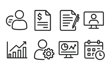 Business App Icons. Line style icons of business app logos: CRM app icon, invoice app icon, document editor icon, client portal