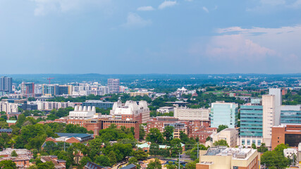 aerial shot of skyscrapers, hotels and office buildings in the city skyline in Nashville Tennessee...