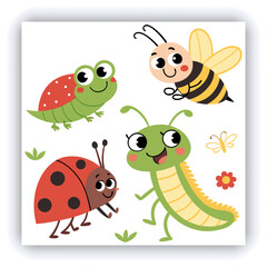 Set of insect illustrations, butterfly, caterpillar, cricket, ant, rhinoceros beetle, stag beetle, ladybug, cockchafer, realistic in 3d style.	