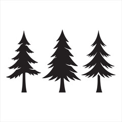 Silhouette of Three Evergreen Trees A Forest Scene Featuring Dark Coniferous Trees Against a White Background Isolated Pine Tree Imagery