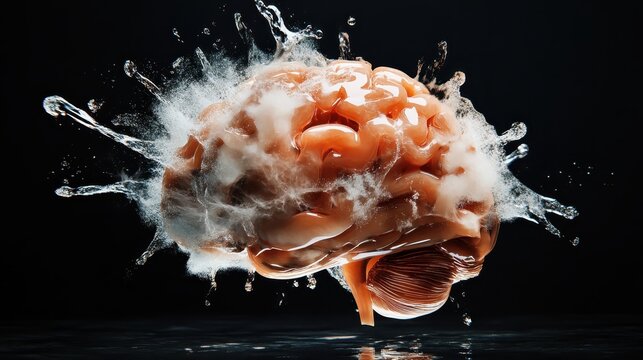 A captivating surreal image of a brain exploding with water, symbolizing the intricate relationship between thought processes, emotions, and the raw power of the human mind.