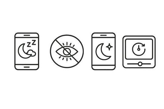 Sleep Health Icons. Line style icons of sleep and health: nighttime screen filter icon, blue light blocker badge, night mode phone