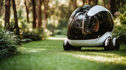 A sleek, futuristic autonomous vehicle rests on a lush green lawn, symbolizing the integration of technology and nature. Its design reflects innovation and the future of transportation.