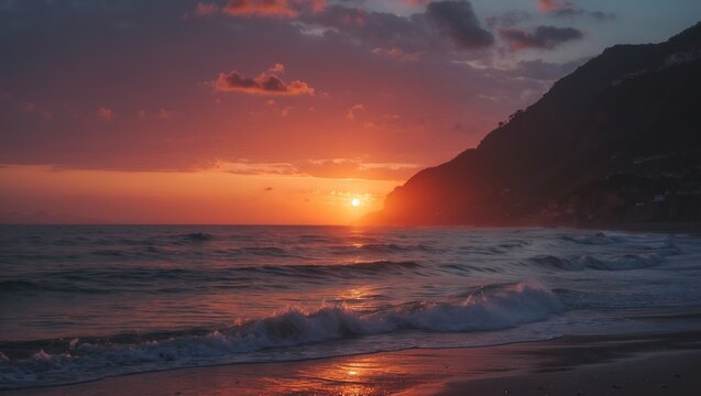 Energetic Sunset At Best Spot captured over the ocean with waves and a mountainous background. Nature and travel scene. Sunset and landscape photography.