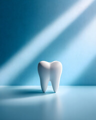 A sleek white tooth figurine casts soft shadows against a serene blue backdrop, evoking cleanliness and vitality.