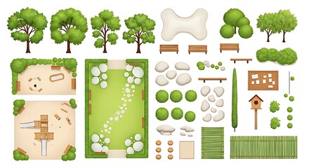 Top View Landscape Design Elements Green Park Playground Plan Garden Layout Trees Bushes Benches Stones Sandbox