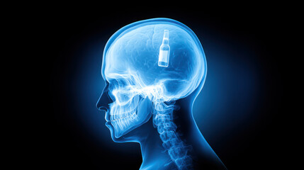Obraz premium Skull X-ray with silhouette of bottle inside - concept of alcohol dependence