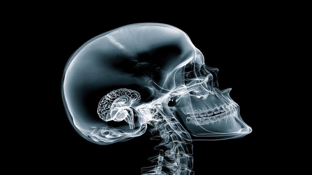 X-ray image of human skull with tiny brain - symbol of memory loss, low intelligence