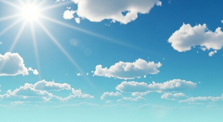 Bright Sun with Sunrays and Fluffy Clouds in a Blue Sky

