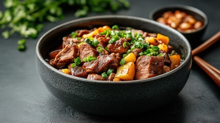 Fototapeta premium An appetizing beef dish sits elegantly in a bowl, garnished with fresh ingredients that highlight its rich flavors and inviting presentation, perfect for food lovers.