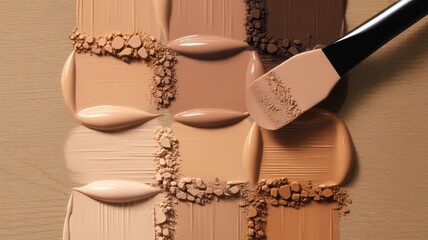 Palette of foundation swatches and powder with brush on beige surface