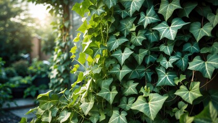 Obraz premium A summer green ivy plant growing in a sunny garden.