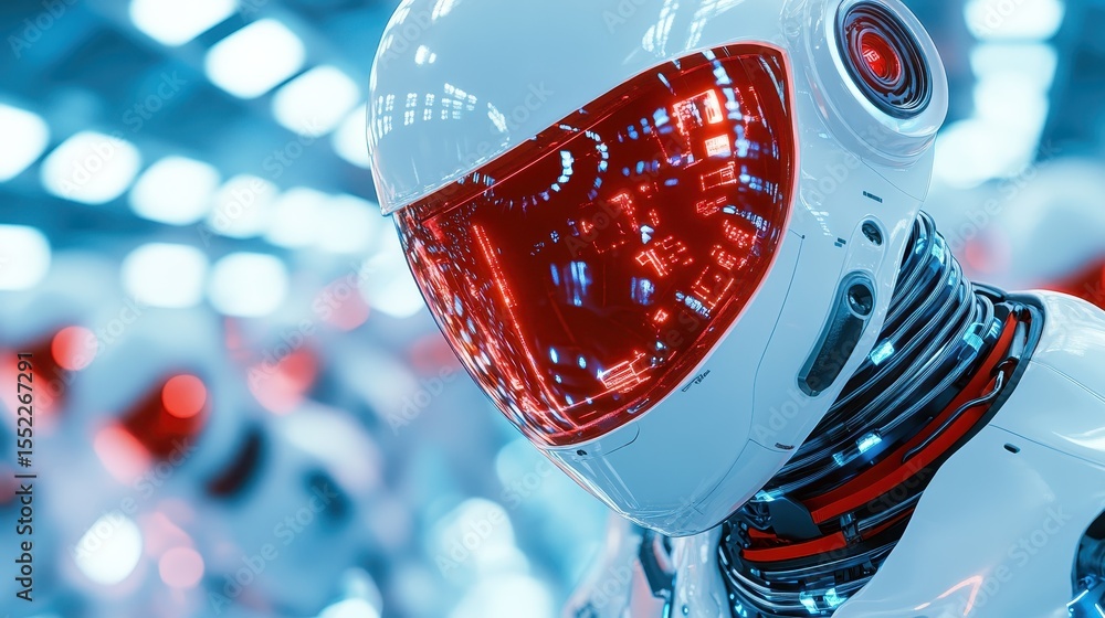 Poster a sleek, futuristic robot with a shiny white helmet and red visor stands amidst a blurred, high-tech