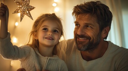 A touching moment between a father and daughter, both smiling, as they share a playful interaction with a sparkling star, embodying love and togetherness.