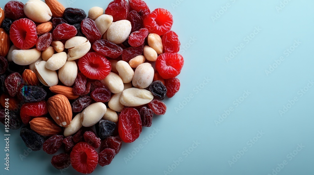 Poster a visually appealing heart-shaped arrangement of various nuts and berries displayed on a blue backgr