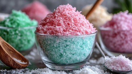 An enticing arrangement of vibrant bath salts in various colors, promoting relaxation and self-care, ideal for spa settings or wellness marketing in lifestyle imagery.