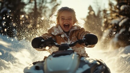 A joyful girl rides a snowmobile through a snowy landscape, capturing the thrill of winter adventures and the excitement of outdoor fun amid beautiful surroundings.
