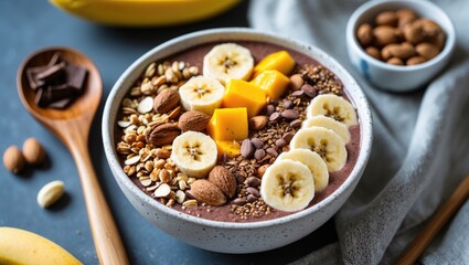 Fototapeta premium Close-Up Of A Vegan Fruit Smoothie Bowl With Wooden Spoon, Granola, Nuts, Banana, Mango And Cocoa On A Table For A Healthy Breakfast. With Empty Copy Space For Text