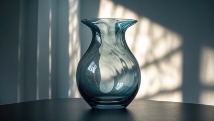 A transparent vase lying on the table with shadows and reflections of light, soft focus, abstract background, pattern of light through an object.