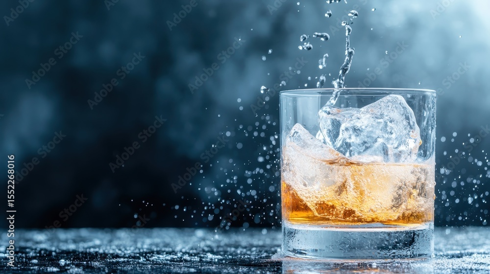 Poster a close-up shot of ice cubes splashing into a glass filled with a golden brown liquid, creating an a