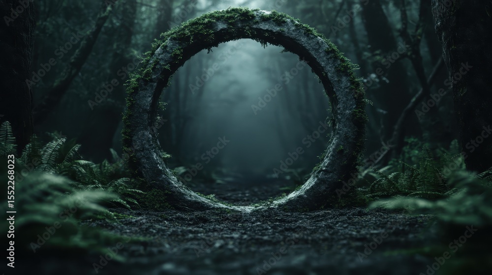 Aufkleber a mystical circular structure covered in moss and located in a dark forest creates an enchanting atm