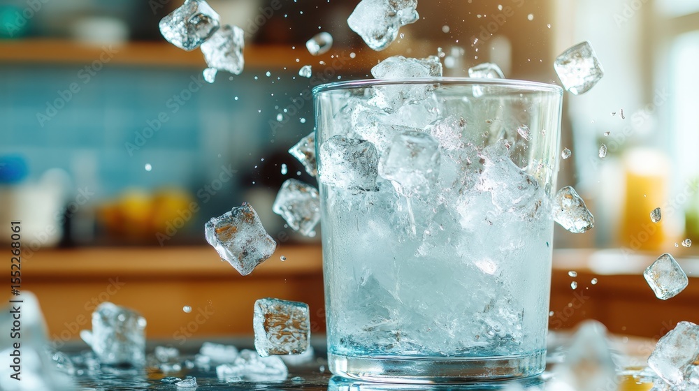 Poster a striking image of ice cubes splashing into a clear glass filled with refreshing water captures the