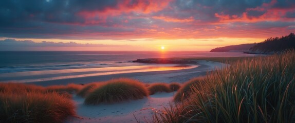 Overcast Sunset on a Coastal Island with Beach Grass, featuring empty copy space for text
