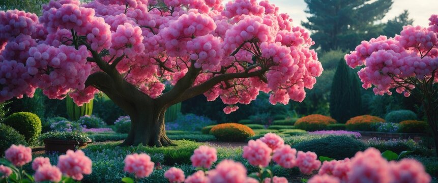 Silk Floss Tree Blooming In A Garden with Empty Copy Space For Text