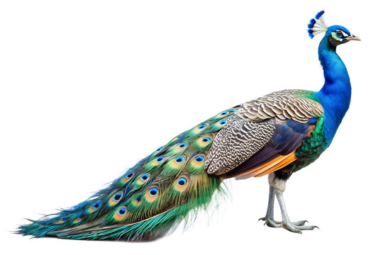 Close up photograph of a full body peacock with iridescent blue neck and green tail feathers isolated on a transparent background