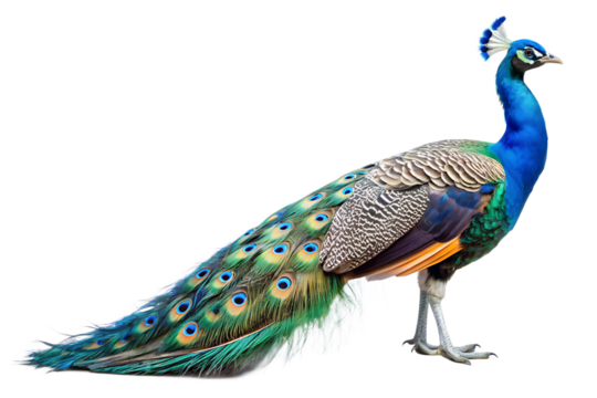 Close up photograph of a full body peacock with iridescent blue neck and green tail feathers isolated on a transparent background