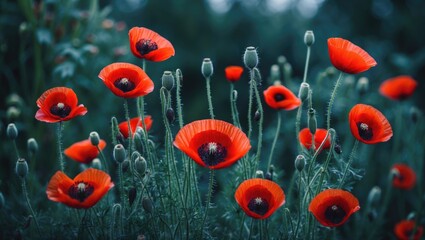 Obraz premium Red flowers of ladybird poppy in the garden with empty copy space for text