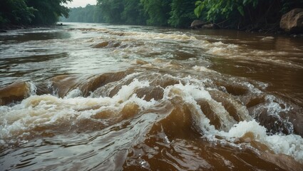 The water in the river during the rainy season is brown and murky with strong currents, with empty space for text