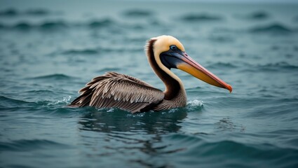 A single brown pelican swimming in the ocean.