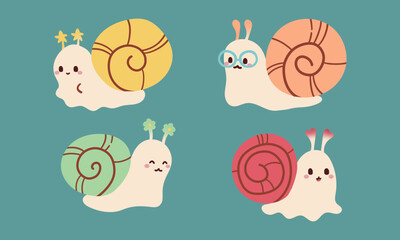Cheerful little snail isolated on blue background. Flat vector illustration ,hand drawn cute character , kawaii illustration .