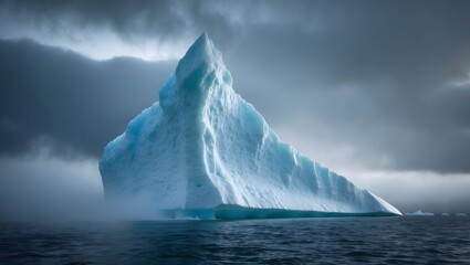 Iceberg in the Ocean: A majestic iceberg rises from the dark ocean waters under a stormy sky, its icy facade sculpted by the elements, evoking a sense of awe and the raw power of nature.