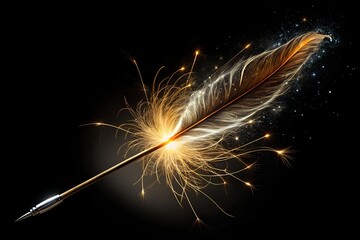 Fiery quill pen ignites with sparks and stardust against a dark background