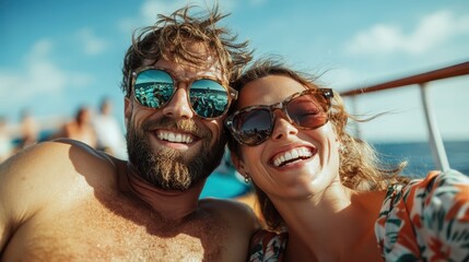 A joyful couple sharing a bright moment on a boat, capturing a carefree spirit of summer with sun, sea, and smiles reflected in their stylish sunglasses.