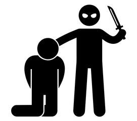 Silhouette of Armed Aggressor Threatening Kneeling Victim – Violence, Terrorism, Hostage Situation, Social Threat, or Crime Warning in Public Awareness and Security Contexts