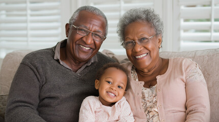 Portrait of african grandparents smiling with young grandchild. Heartwarming expression of love, cultural heritage, and generational connection in family setting. National grandparents day.