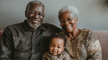 Portrait of african grandparents smiling with young grandchild. Heartwarming expression of love, cultural heritage, and generational connection in family setting. National grandparents day.