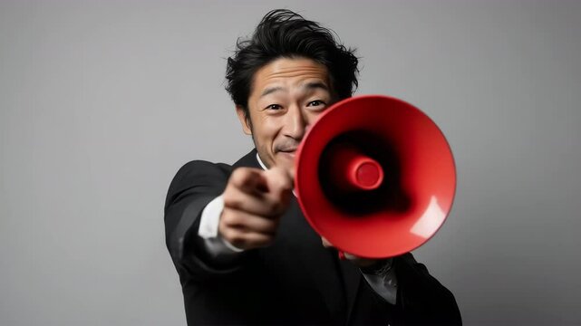 拡声器と指差しで訴える日本人男性