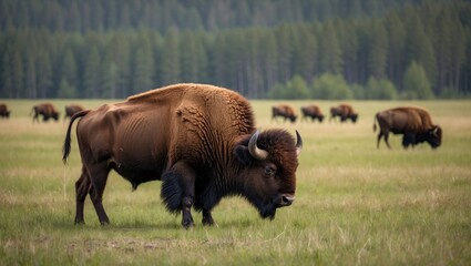American bison grazing in a grass field with a forest in the background